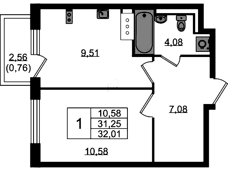 1-комнатная квартира 32.01 м², 5/13 эт., ЖК «Квартал Торики»